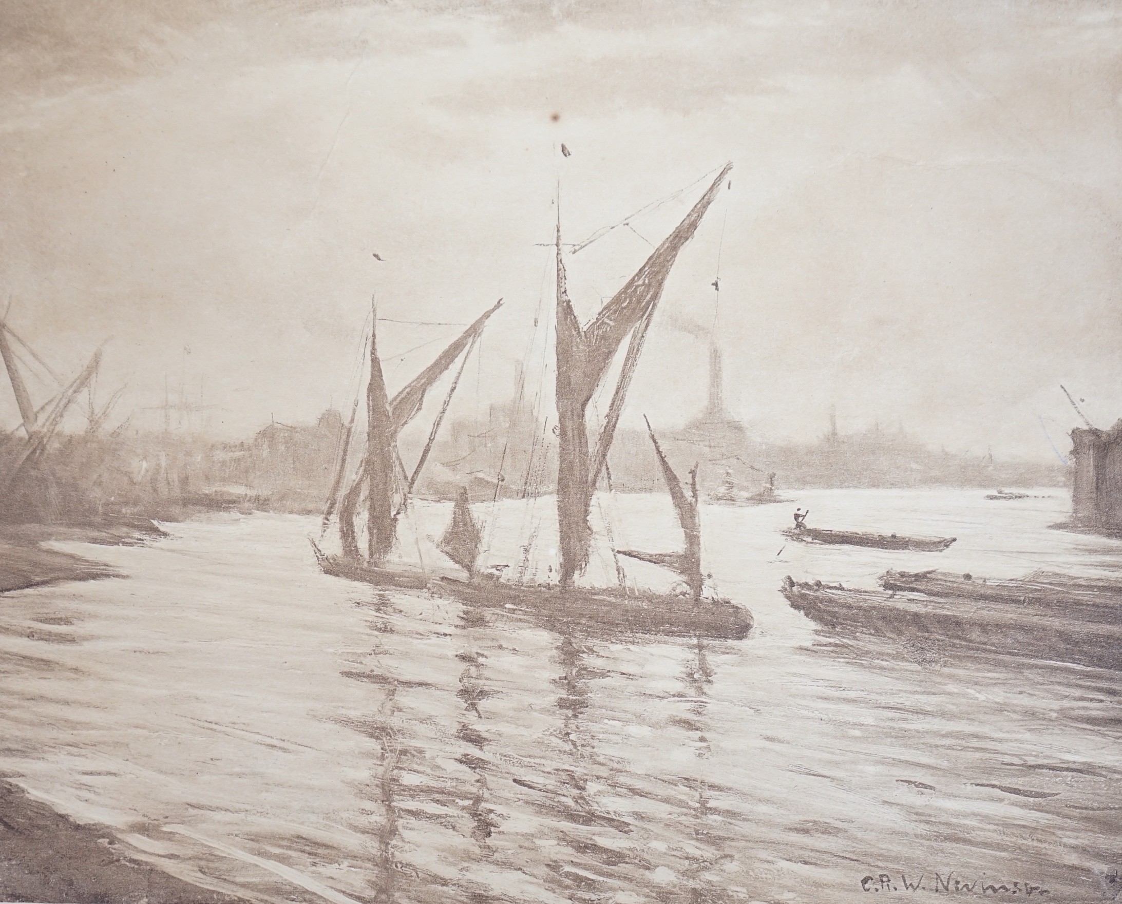 Christopher Richard Wynne Nevinson (1889-1946), lithograph, Sail barges on the Thames, signed in pencil, 16 x 20cm, sheet overall 27 x 36cm, unframed